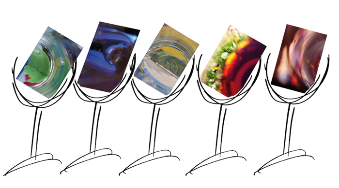 image de 5 verres avec une photo dans chaque; wine glasses with photos inside